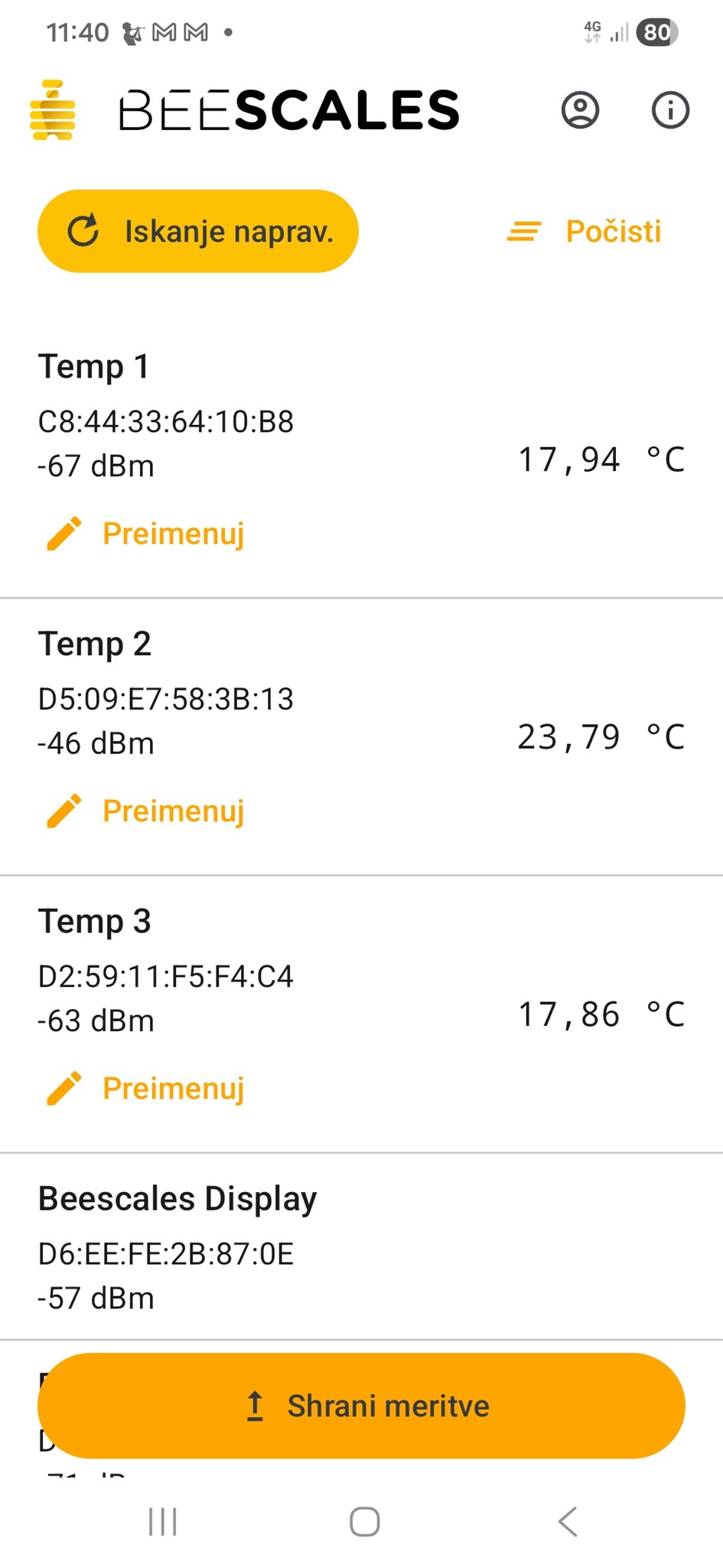 BeeScales Diagnostics – seznam temperaturnih senzorjev
