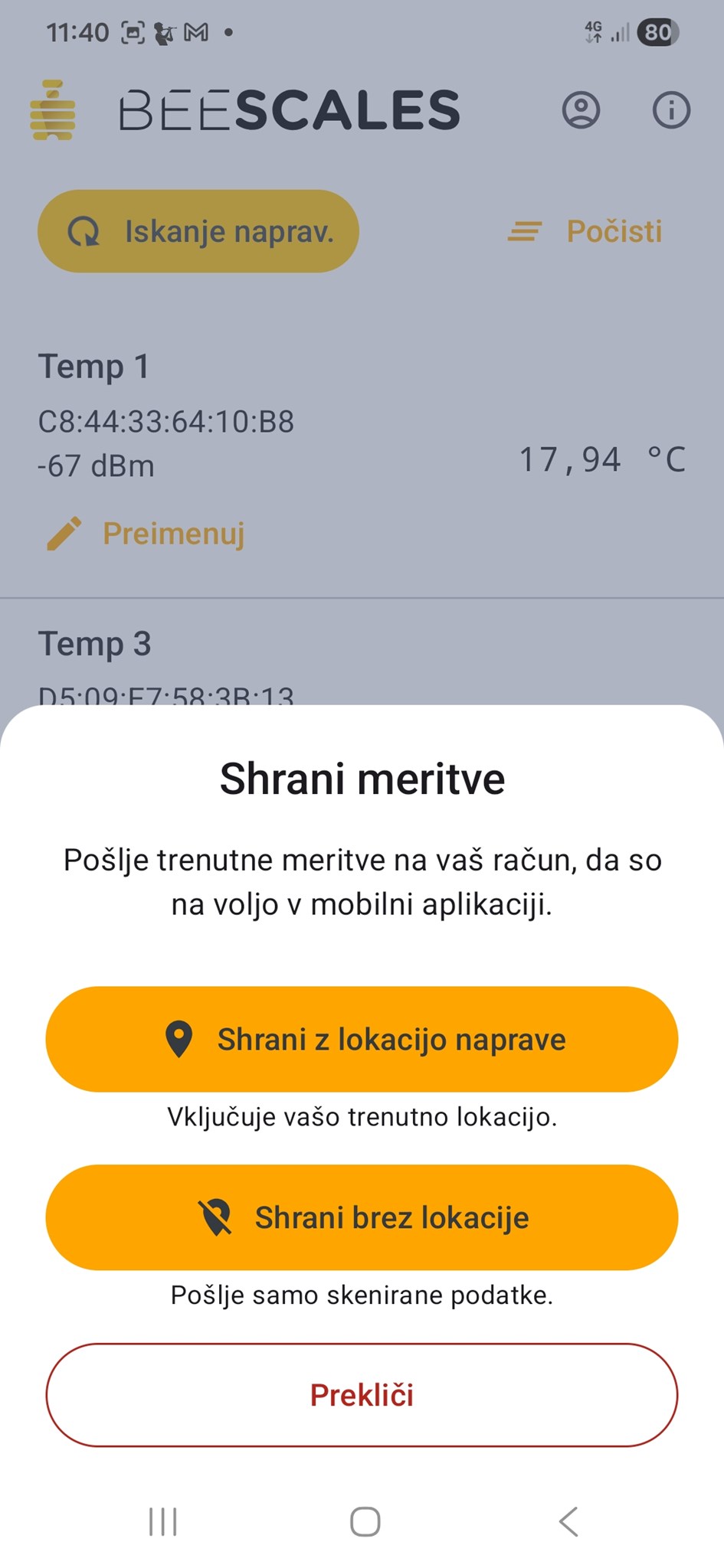 BeeScales Diagnostics – dialog shranjevanja meritev