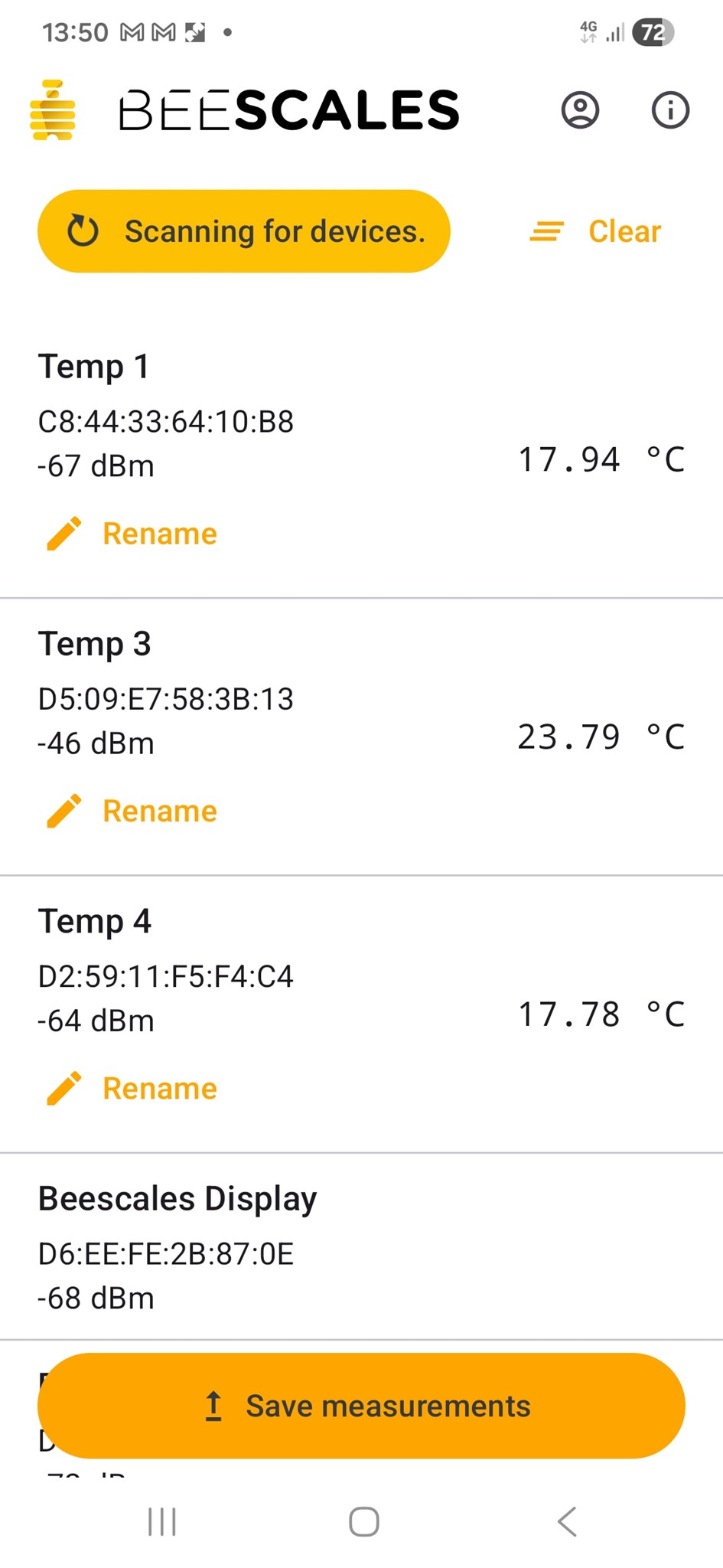 BeeScales Diagnostics – temperature sensor list