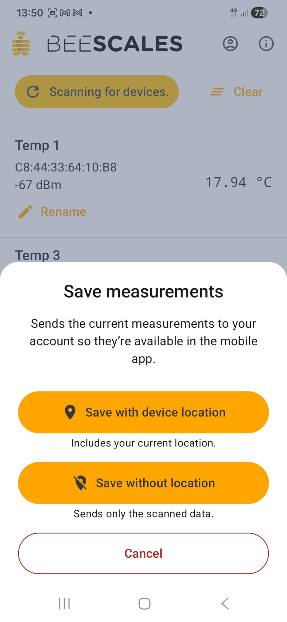 BeeScales Diagnostics – save measurements dialog
